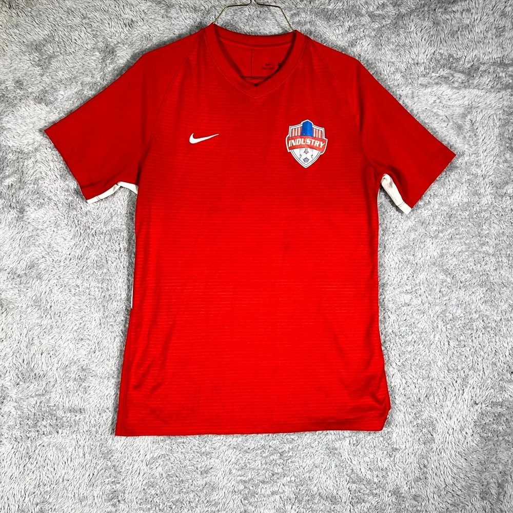 Nike Dri Fit Soccer Jersey Mens Medium Red Swoosh Logo Mesh V Neck #93 Athletic